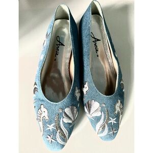 Y2K Washed Blue Denim Ballet Flats w/ Silver Seahorse & Shell Embroidery
